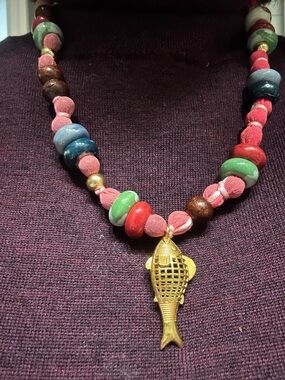 Gold Fish Charm Multicolor Beaded Necklace - Women's Jewelry